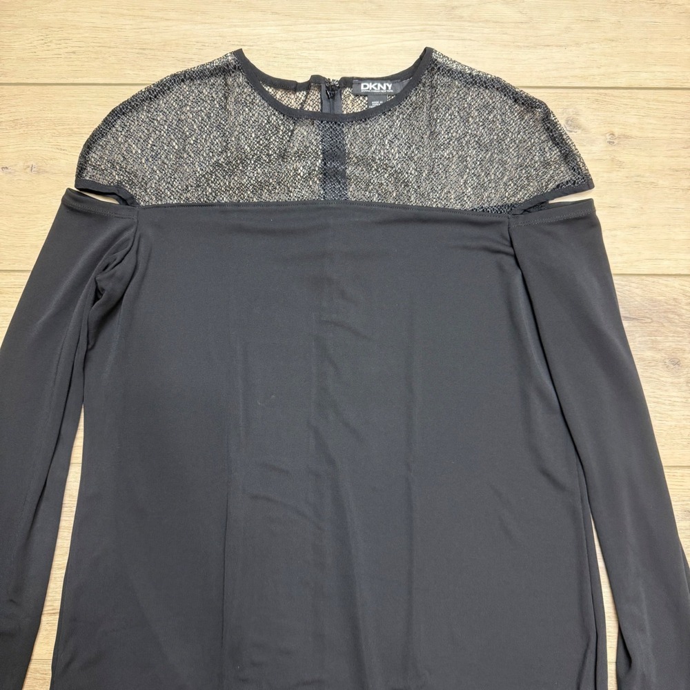 DKNY Womens Black Cold Shoulder Mesh Long Sleeve Dress Whimsigoth Large - Picture 2 of 12